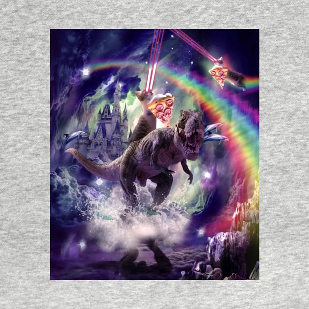 Rainbow Laser Space Cat On Dinosaur Eating Pizza by Random Galaxy